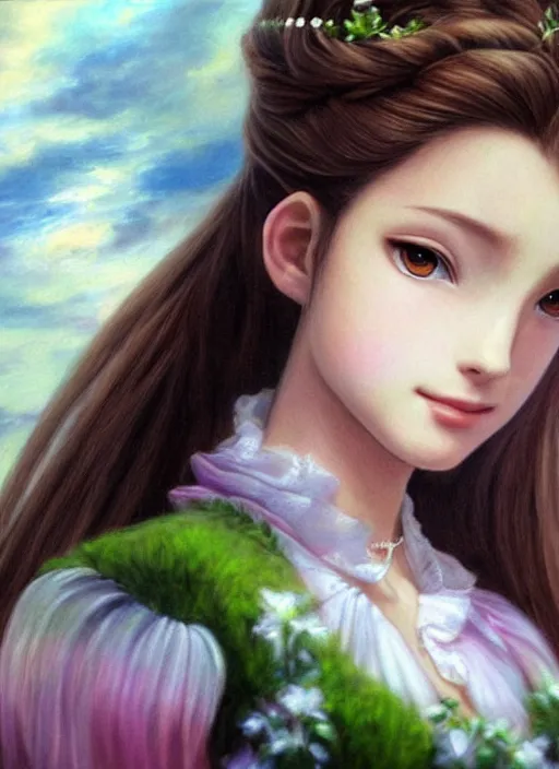 Prompt: elegant Aerith Gainsborough stares intently straight on in an intense way. ultra detailed painting at 16K resolution and epic visuals. epically surreally beautiful image. amazing effect, image looks crazily crisp as far as it's visual fidelity goes, absolutely outstanding. vivid clarity. ultra. iridescent. mind-breaking. mega-beautiful pencil shadowing. beautiful face. Ultra High Definition. processed twice.