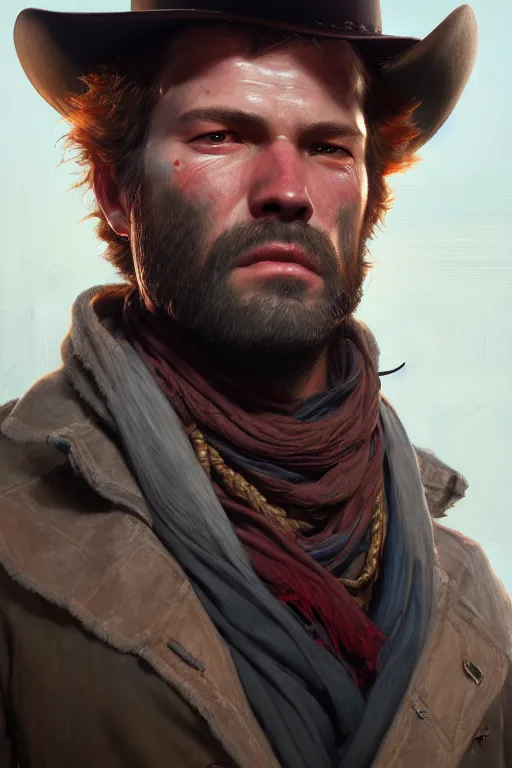 Image similar to ultra detailed facial portrait of arthur morgan, extremely detailed digital painting, in the style of fenghua zhong and ruan jia and jeremy lipking and peter mohrbacher, mystical colors, rim light, beautiful lighting, 8 k, stunning scene, raytracing, octane, trending on artstation