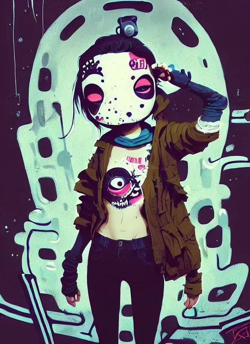 Image similar to highly detailed portrait of a sewer punk young lady with white graffiti face paint by atey ghailan, james gilleard, by joe fenton, by greg rutkowski, by greg tocchini, by kaethe butcher, 4 k resolution, gradient yellow, black, brown and cyan color scheme, grunge aesthetic!!! ( ( dystopian graffiti tag wall in background ) )