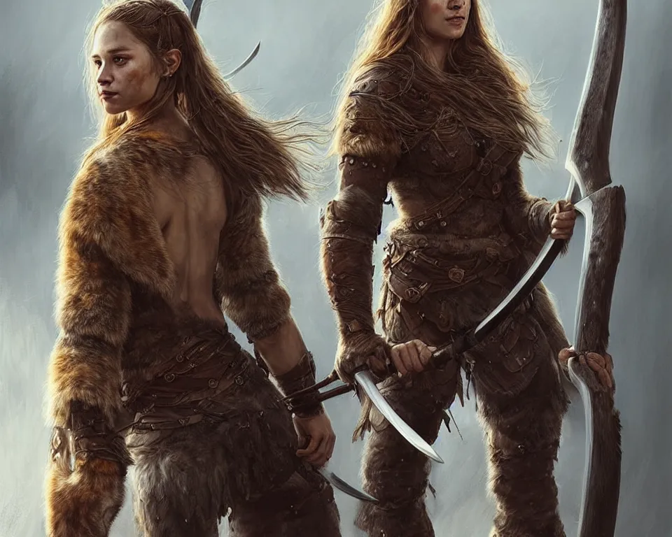 Image similar to gorgeous!! hyper - realistic woman resembling alicia vikander as a battle - worn viking warrior wielding a giant axe | standing next to a sabretooth tiger | intricate, highly detailed, digital painting, character design, character concept art | drawn by wlop, drawn by jeehyung lee, drawn by artgerm, drawn by peter kemp