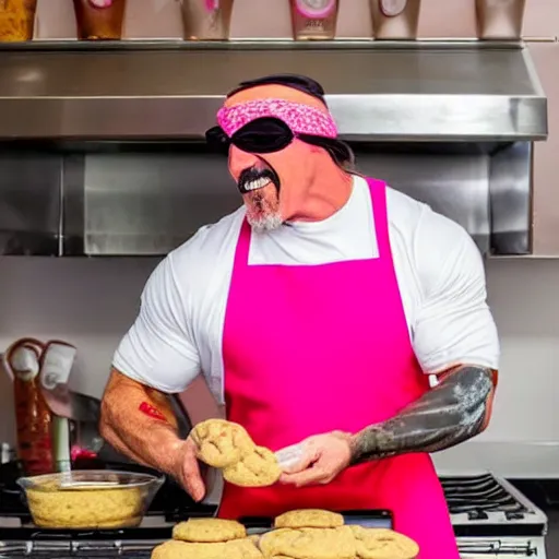 Image similar to Hulk Hogan baking cookies with a pink apron