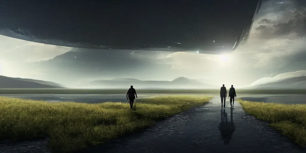 Image similar to A science fiction landscape, left side of frame: two people walking down a road flanked by fields, right side of frame: a lake, in the distance a floating futuristic city in the clouds, clear skies, volumetric light, hyperdetailed, artstation, cgsociety, 8k