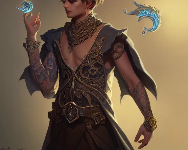 Image similar to young shadow mage male, wearing a vest with diamond pattern, joyful, d & d, fantasy, intricate, elegant, full body, highly detailed, digital painting, artstation, concept art, matte, sharp, illustration, hearthstone, art by artgerm and greg rutkowski and alphonse mucha