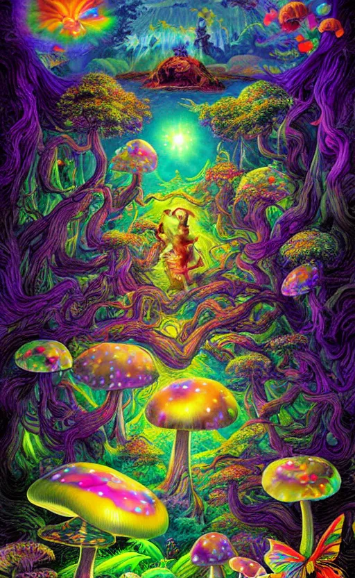 Prompt: psychedelic mushrooms, enchanted cosmic forest, mushrooms on the ground, small fairies, stars in the sky, butterflies, rainbows, psychedelic, wide angle shot, vector art, lake with a clearing, fantasy poster illustration by helen huang and frank frazetta and salvador dali