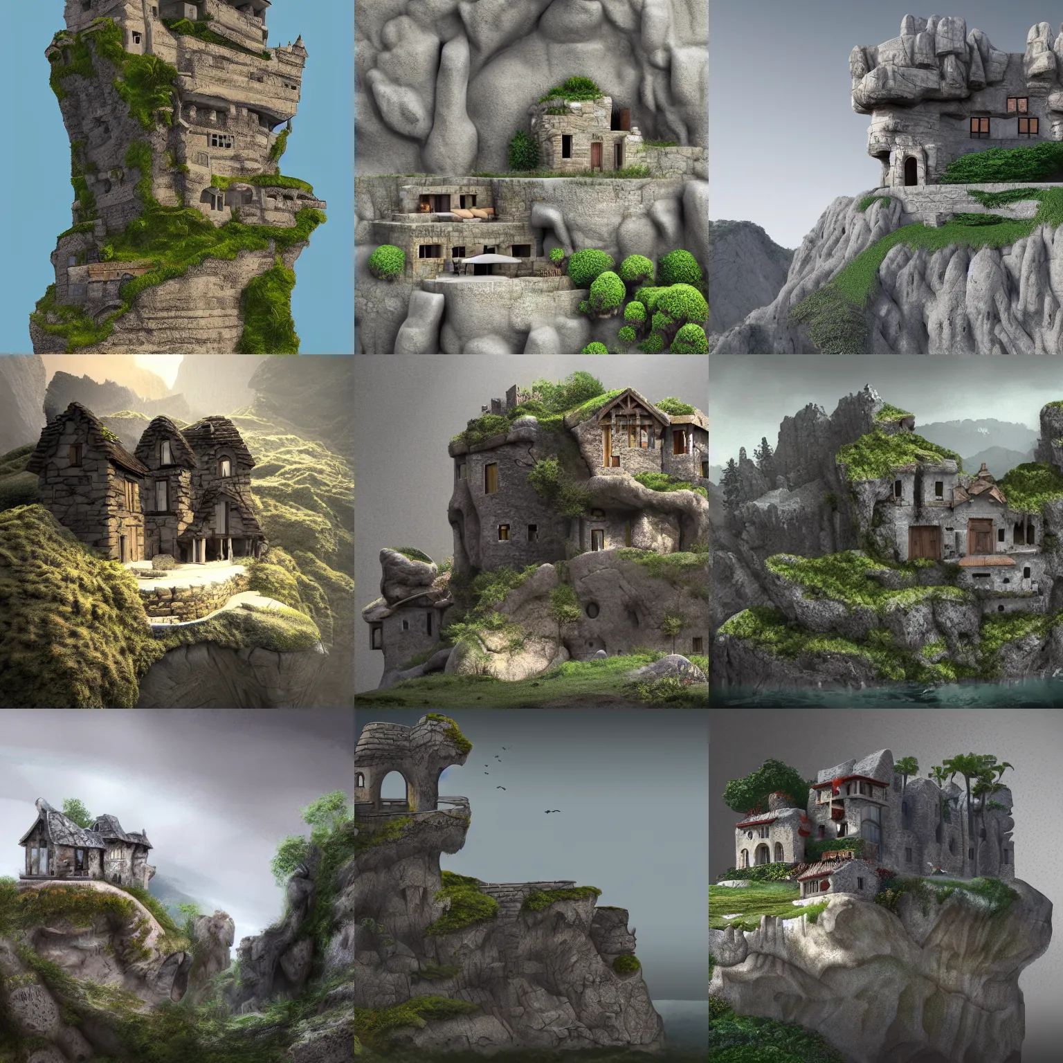 Prompt: Matte Landscape. House carved out of a stone cliffside. HD, 8k, elaborate, detailed digital art trending in artstation