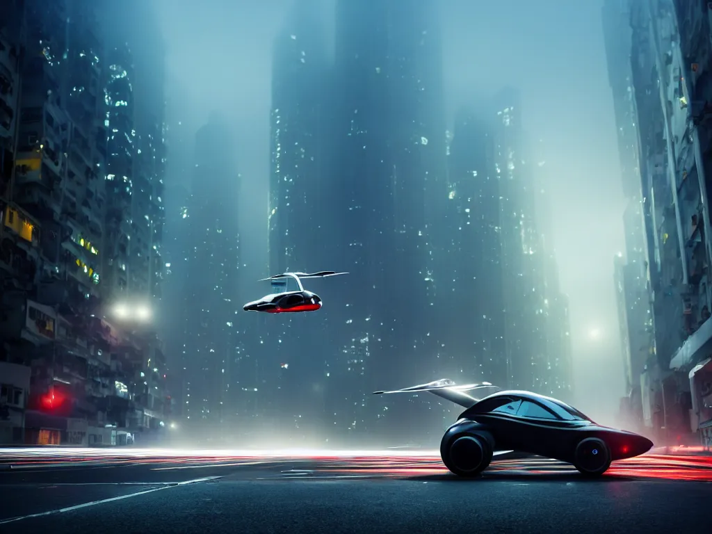 Image similar to movie still of a flying car in the middle of a foggy hong kong street, artstation, volumetric light, high detail, reflections, perfect, concept art, hdr, 8 k