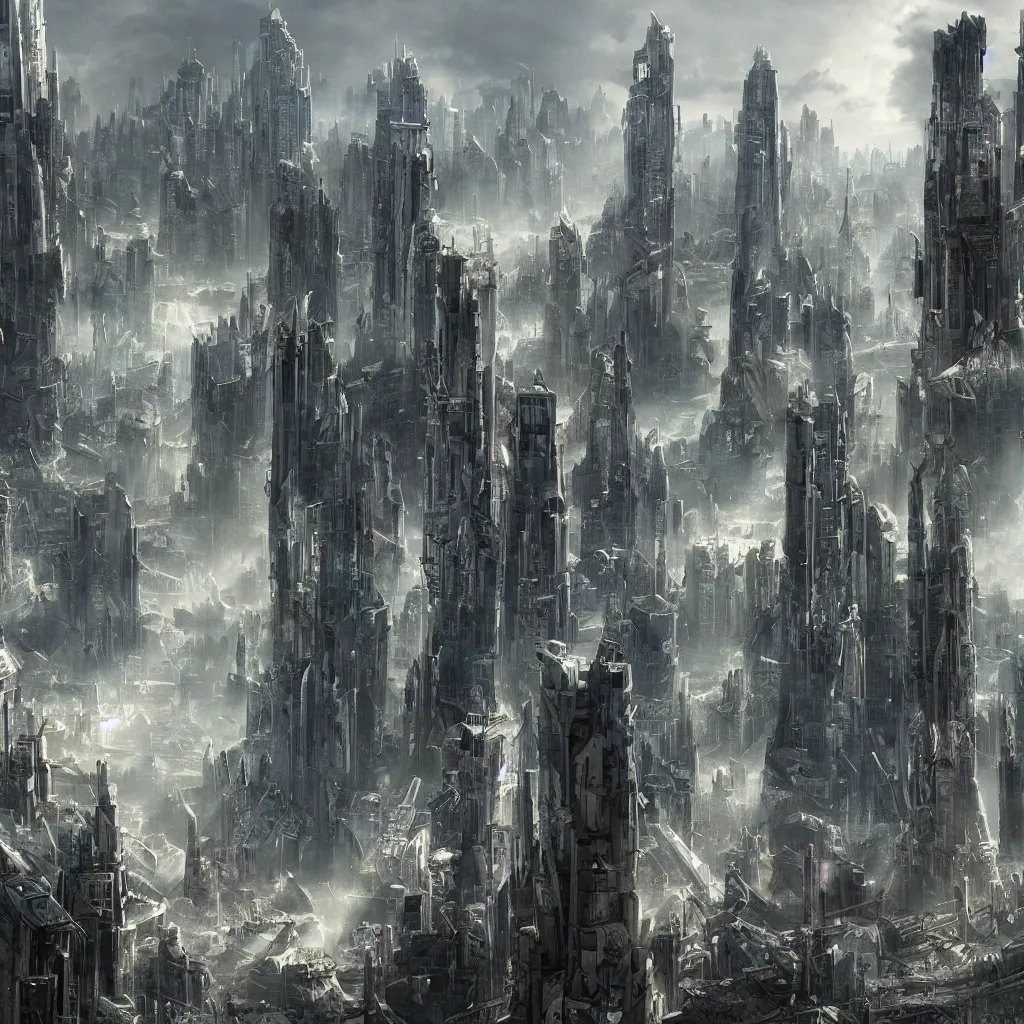 Image similar to future city, in the style of christian haley, matte painting, epic, amazing detail