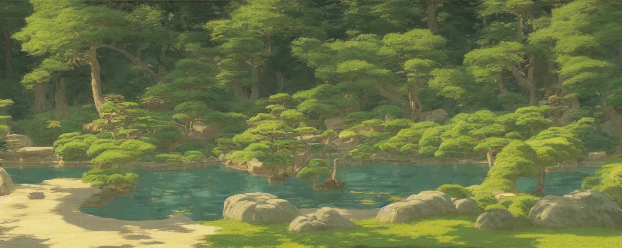 Image similar to ghibli illustrated background of a japanese zen garden by eugene von guerard, ivan shishkin, john singer sargent, 4 k