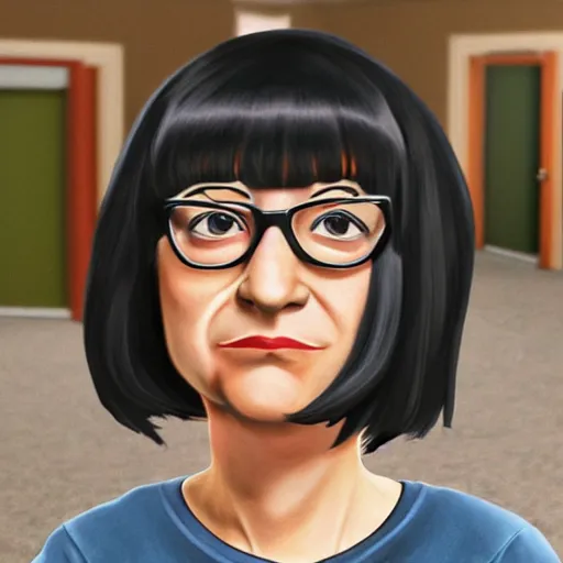 Image similar to Tina Belcher as a real person, photorealistic