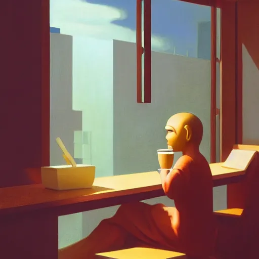 Prompt: Jesus Christ drinking coffee at a Starbucks, Masterpiece, Edward Hopper and James Gilleard, Zdzislaw Beksinski, Mark Ryden, Wolfgang Lettl, hints of Yayoi Kasuma, octane render, 8k.