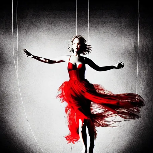 Prompt: dancing Jennifer Lawrence as a puppet strings surrounded by red curtains, medium shot taken from behind, big white strings attached to each wrist from above, by Brooke Shaden, intricate, dystopian, sci-fi, extremely detailed, digital painting, artstation, concept art, smooth, sharp focus, illustration, intimidating lighting, incredible art, details visible, very dark ambiance