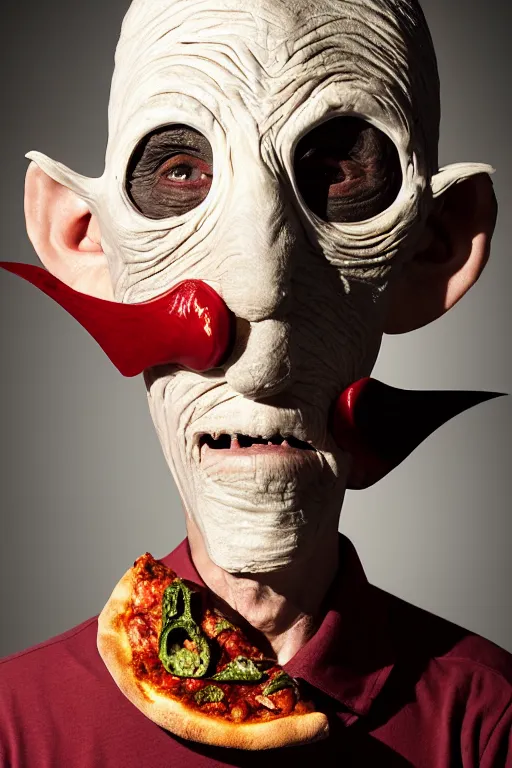 Image similar to portrait photo of an old wrinkled man, skinny face, bony face, long crooked nose, large gaping mouth, black pulcinella mask, masquerade mask, pointy conical hat, white wrinkled shirt, holding pizza, presenting pizza, close - up, skin blemishes, menacing, intimidating, masterpiece by jimmy nelson