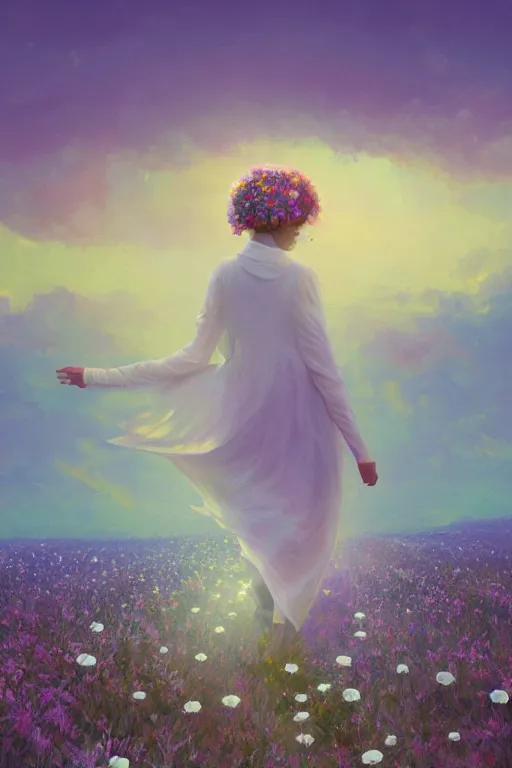 Prompt: white daisy flower face, girl with veil walking in a flower field, surreal photography, sunrise, dramatic light, impressionist painting, colorful clouds, digital painting, artstation, simon stalenhag