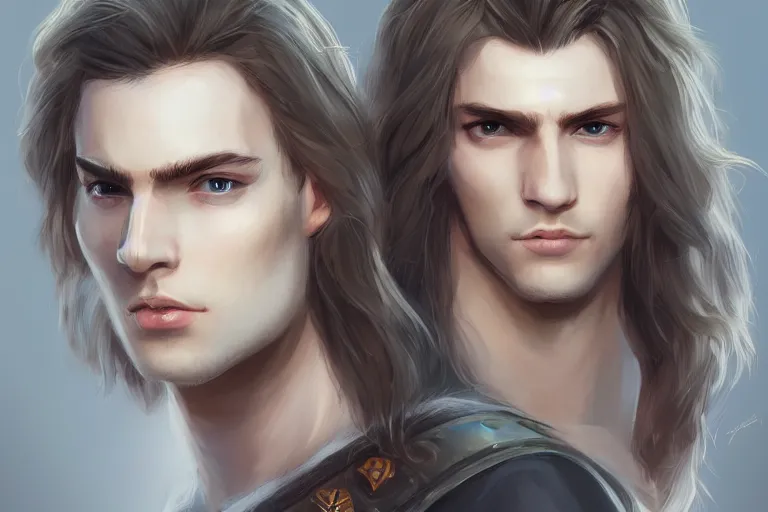 Image similar to young cute pretty boy with white long hair, d & d, fantasy, portrait, highly detailed, headshot, digital painting, trending on artstation, concept art, sharp focus, illustration,