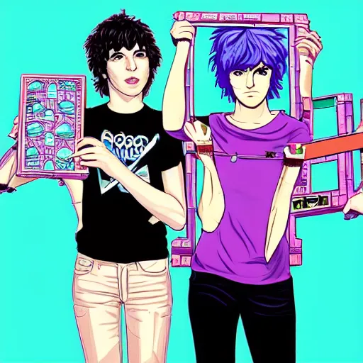 Image similar to vaporwave ramona flowers and scott pilgrim, distorted, warped, varying angles, varying locations, grid,