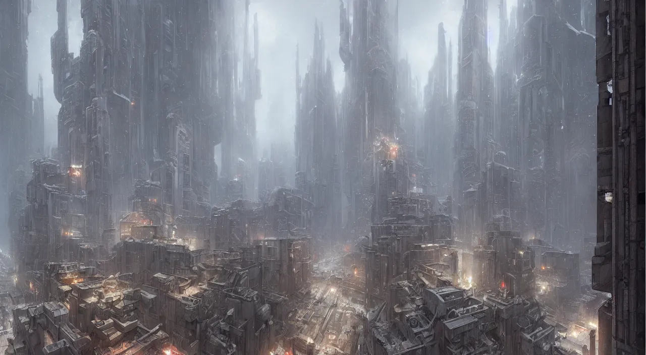 Image similar to highly detailed brutalist architecture city, star wars imperial style, while it's snowing, stephen bliss, unreal engine, fantasy art by greg rutkowski, loish, rhads, ferdinand knab, makoto shinkai, ilya kuvshinov, rossdraws, global illumination, radiant light, detailed and intricate environment