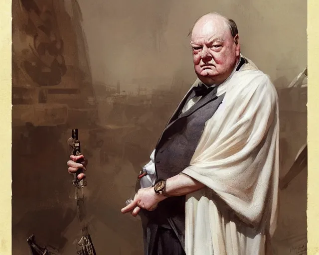 Image similar to a portrait of wiston churchill in the style of a ancient roman empire senator wearing a toga, art by greg rutkowski and artgerma, stunning! concept art, character design