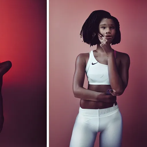 Image similar to realistic! photoshoot for a new nike lookbook, color film photography, portrait of a beautiful woman, red frontal light, in style of tyler mitchell, 35mm