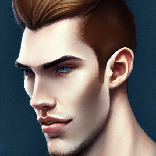 Image similar to tall big man in his twenties with brown blond short regular haircut and round facial structure with cleft chin, straight eyebrows, slightly smiling, cheekbones, wider face, shadow of beard, atmospheric lighting, painted, intricate, 4 k, highly detailed by charlie bowater