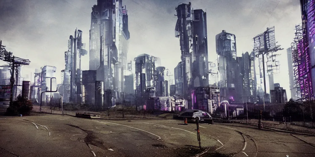 Image similar to outskirts of london, cyberpunk