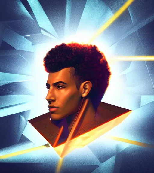 Image similar to symmetry!! egyptian prince of technology, solid cube of light, hard edges, product render retro - futuristic poster scifi, lasers and neon circuits, brown skin man egyptian prince, intricate, elegant, highly detailed, digital painting, artstation, concept art, smooth, sharp focus, illustration, dreamlike, art by artgerm