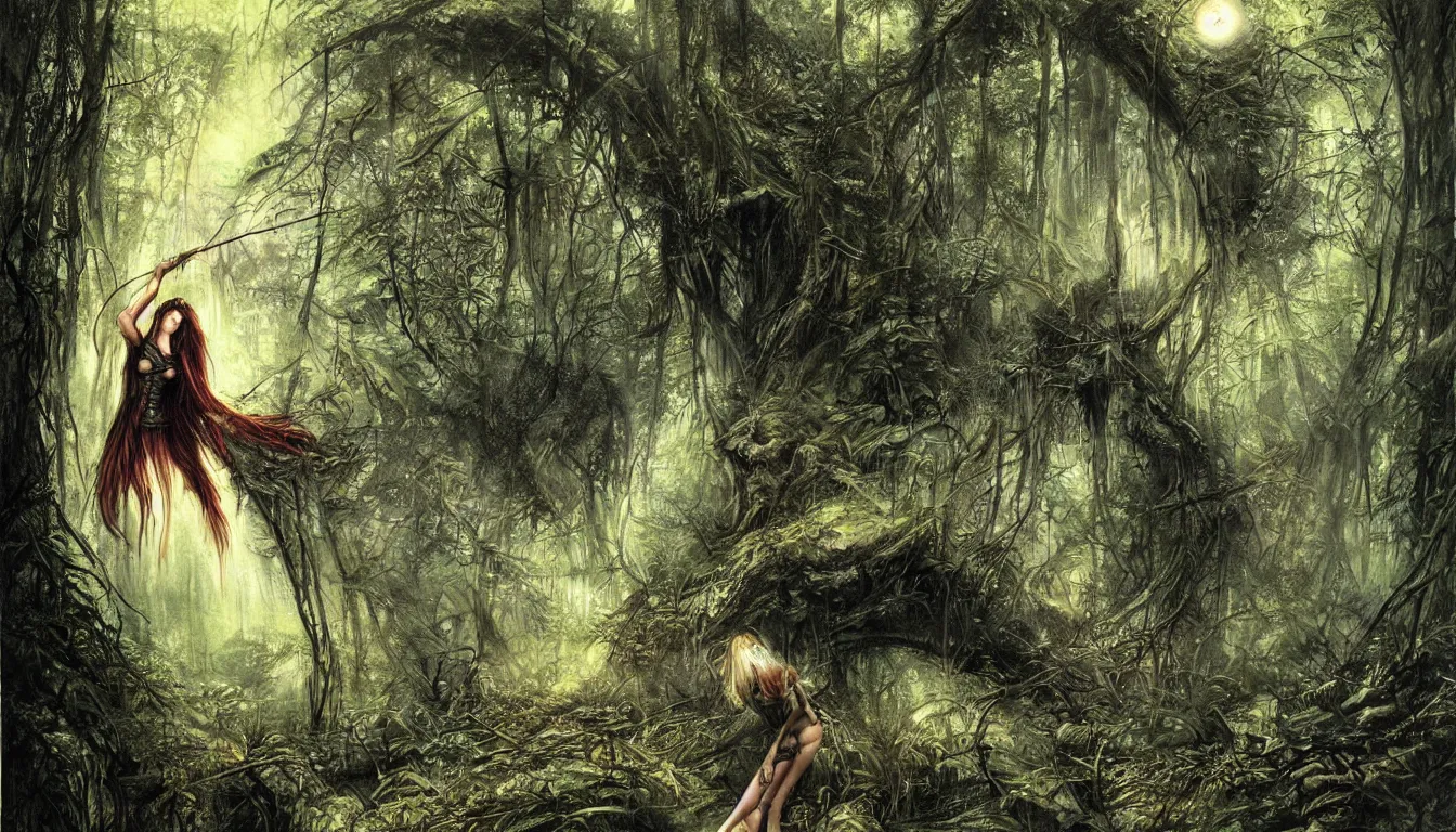 Prompt: a big eye floats above the ground in a dense forest, illustration by john taylor dismukes and dave lafleur, luis royo, chrome art, rich deep colors