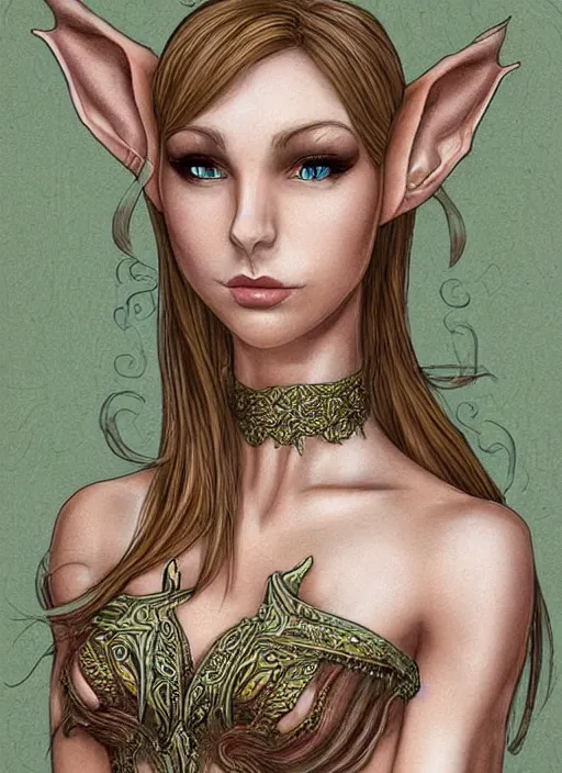 Image similar to portrait of a beautiful female elf, upper body, fantasy, intricate, elegant, highly detailed