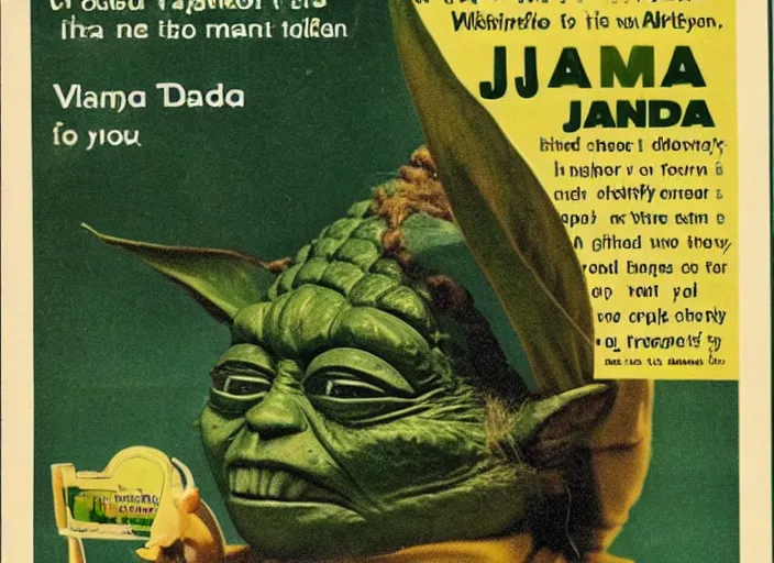 Image similar to vintage travel advertisement for jamaica, of yoda made out of cannabis