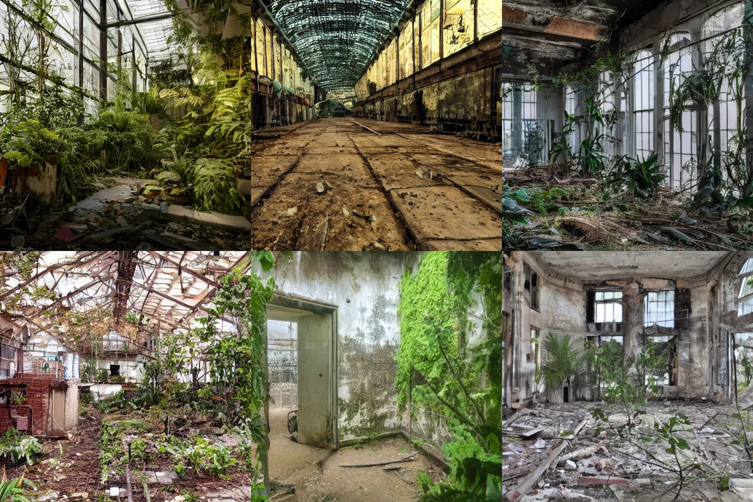 Prompt: Inside an abandoned building with plants, overcast