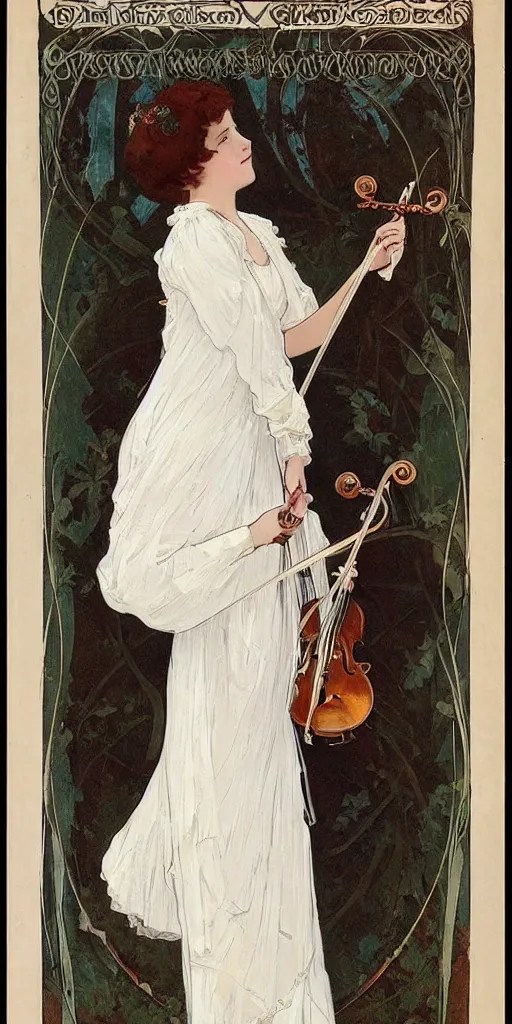 Image similar to A young edwardian woman wearing a white dress, holding a violin in her hands, in the style of mucha