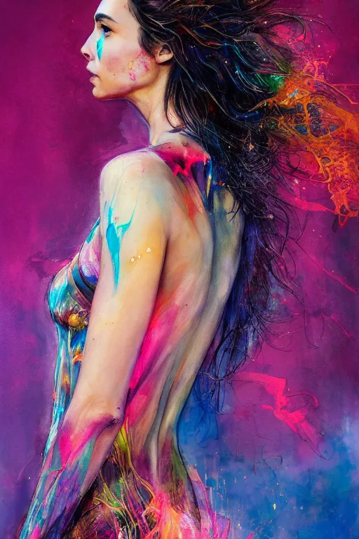 Prompt: gal gadot by agnes cecile enki bilal moebius, intricated details, view 3 / 4 back, full body portrait, extremely luminous bright design, pastel colours, drips, autumn lights