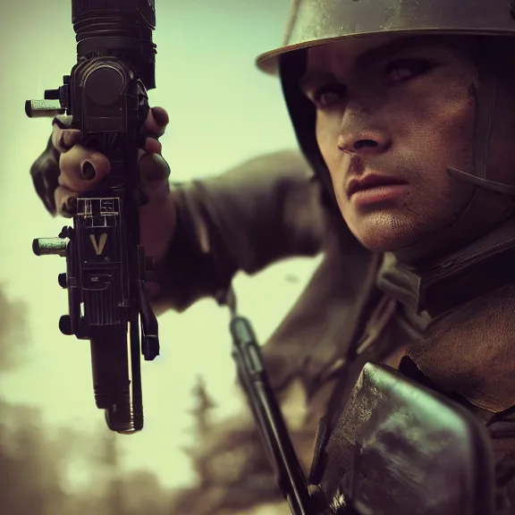 Prompt: ncr ranger, close-up, splash art, movie still, cinematic lighting, dramatic, octane render, long lens, shallow depth of field, bokeh, anamorphic lens flare, 8k, hyper detailed, 35mm film grain