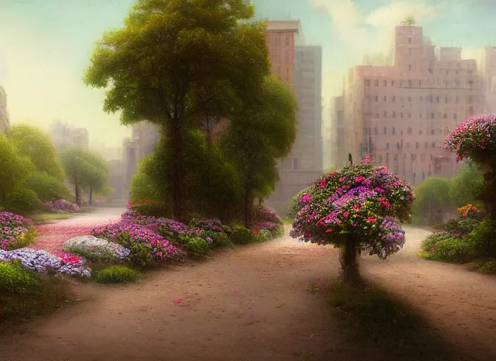 Prompt: a city street covered with flowers, 8 k, matte painting, in the style of martin johnson heade,