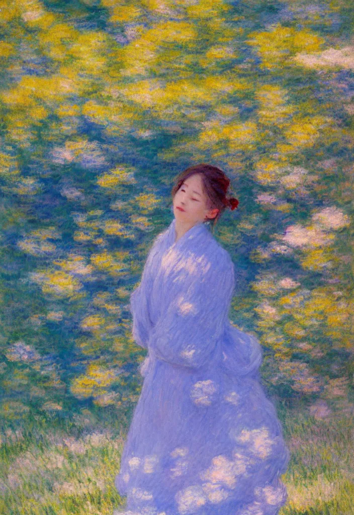 Image similar to tiny character in front of a beautiful japanese country side landscape, bleu sky, magnificient clouds, lofi vibe, vivide colors, amazing light, really beautiful nature, oil painting, impressionist style, by jeremy lipkin, by claude monet, by ghibli, kandinsky touches, multiple brush strokes, masterpiece