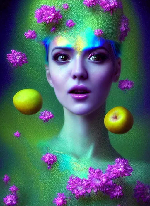 Prompt: hyper detailed 3d render like a chiariscuro Oil painting with focal blur - Aurora (Singer) looking adorable and seen in attractive dynamic pose joyfully Eating of the Strangling network of yellowcake aerochrome and milky Fruit and Her delicate Hands hold of gossamer polyp blossoms bring iridescent fungal flowers whose spores black the foolish stars to her smirking mouth by Jacek Yerka, Mariusz Lewandowski, Houdini algorithmic generative render, Abstract brush strokes, Masterpiece, Edward Hopper and James Gilleard, Zdzislaw Beksinski, Mark Ryden, Wolfgang Lettl, hints of Yayoi Kasuma, octane render, 8k