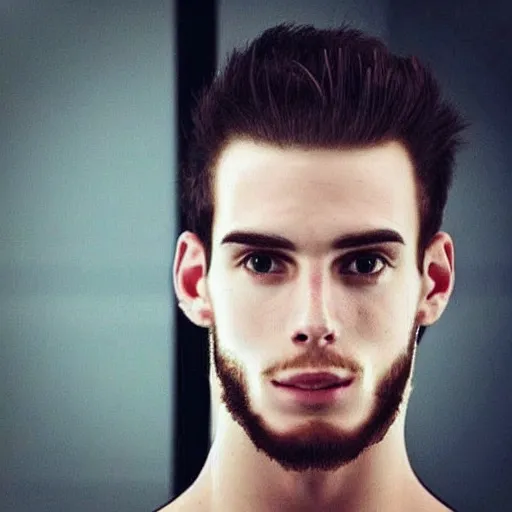 Image similar to “a realistic detailed photo of a guy who is an attractive humanoid who is half robot and half humanoid, who is a male android, Tyler Seguin, shiny skin, posing like a statue, blank stare”