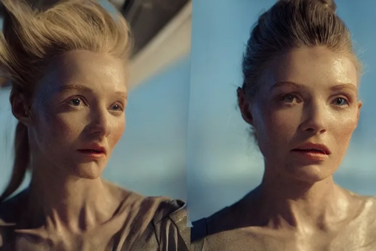 Image similar to VFX movie of a futuristic space woman model gorgeous portrait in future spaceship, beautiful natural skin natural lighting by Emmanuel Lubezki