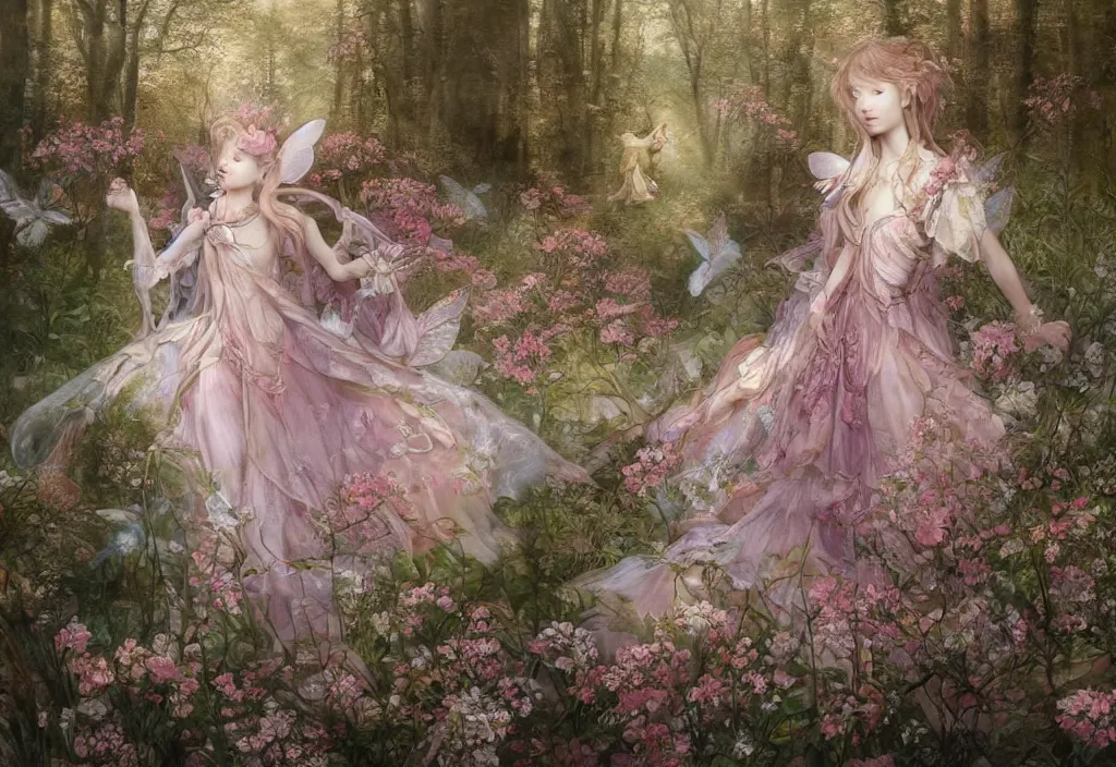 Prompt: breathtaking detailed soft painting of a little fairy princess in the distance of a luxurious dawnforest by Ayami kojima and loputyn, gauze rose dress of stained glass floating around, detailed realistyc symmetrical facial features, amalgamation of leaves and flowers, 8k, concept art, matte, sharp focus, rembrandt style