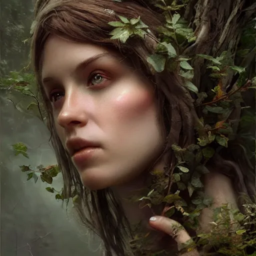 Image similar to photo realistic image of dryad, stunning 3 d render inspired art by istvan sandorfi and greg rutkowski, perfect facial symmetry, realistic, highly detailed attributes and atmosphere, dim volumetric cinematic lighting,