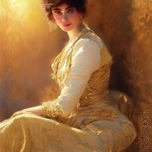 Image similar to detailed portrait of lilly collins in gold clothes, spring light, painting by gaston bussiere, craig mullins, j. c. leyendecker