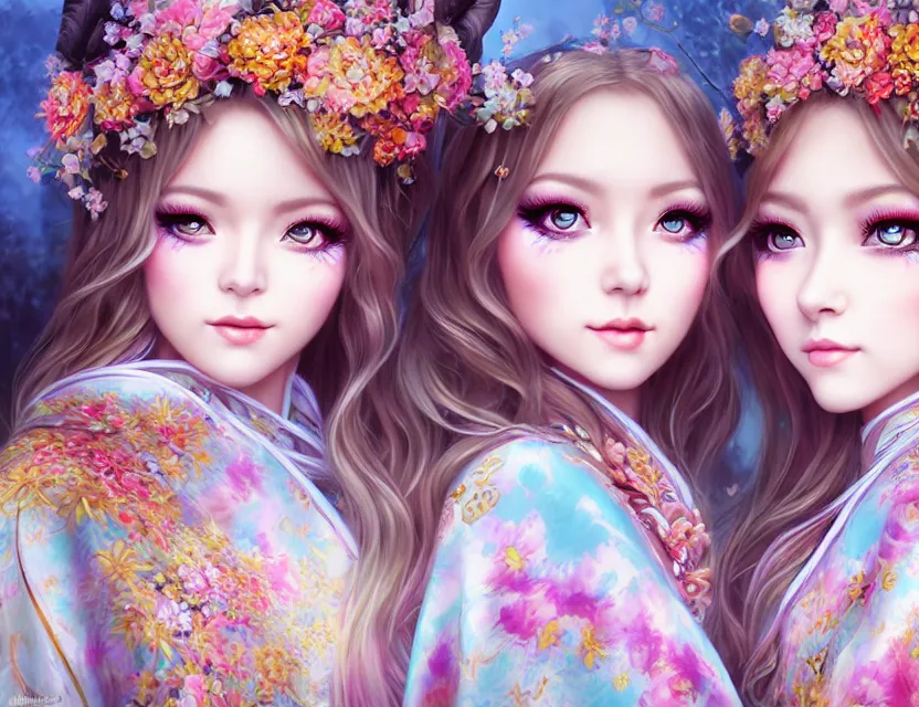 Image similar to two beautiful fashion siberian girls wear fantasy kimono in festival | | big eyes, sunny, dreamlike art, realistic shaded, smile, good looking, hyper details, 4 k realistic, cryengine, realistic shaded lighting poster by artgerm, ross tran, fuji choko, loish, 8 k resolution, trending on artstation, luxury