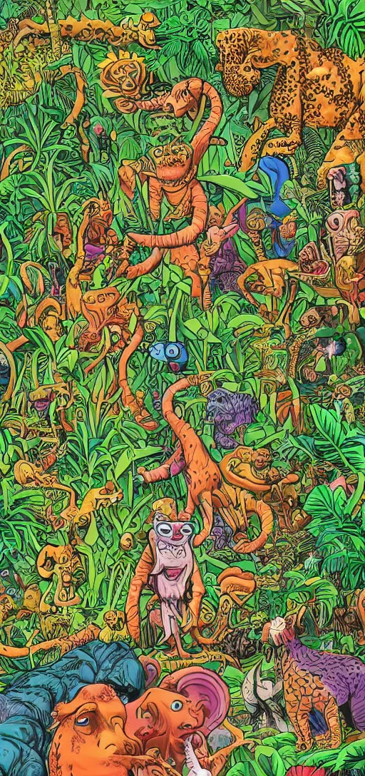 Image similar to a jungle of lies, with creatures of all kinds, full color in the style of jim woodring