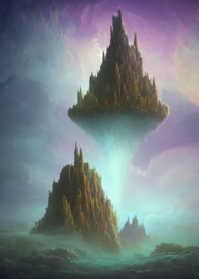 Image similar to an ultra detailed midjourney concept digital art painting of a singular floating island with a castle, flying citadel levitating across space in a misty pearlescent nebula by paul lehr kazumasa uchio situated in a starry expanse of bioluminescent cosmic worlds by beksinski and beeple, ecological art, flying citadel with towers, trending on artstation