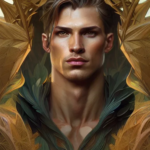 Prompt: portrait of forest gog, male, clear face, masculine, upper body, muscular, fantasy, intricate, elegant, highly detailed, digital painting, artstation, concept art, matte, sharp focus, illustration, art by artgerm and greg rutkowski and alphonse mucha