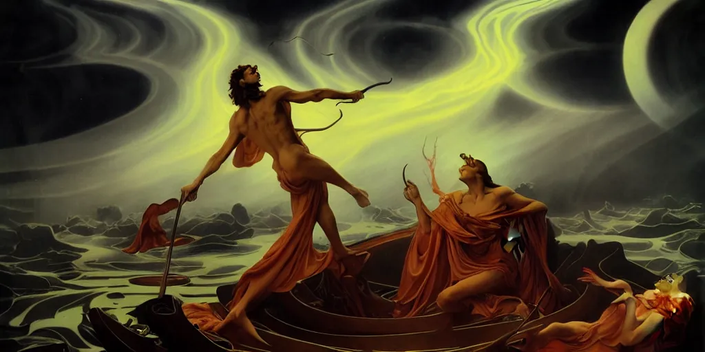 Image similar to Charon the ferryman of Hades, by Rolf Armstrong and Evelyn De Morgan, dramatic lighting, high contrast colors, baroque, empyrean, panoramic view, as trending on Artstation, highly detailed, doom engine,