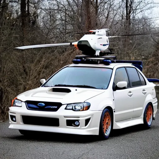 Prompt: a subaru WRX converted into a helicopter