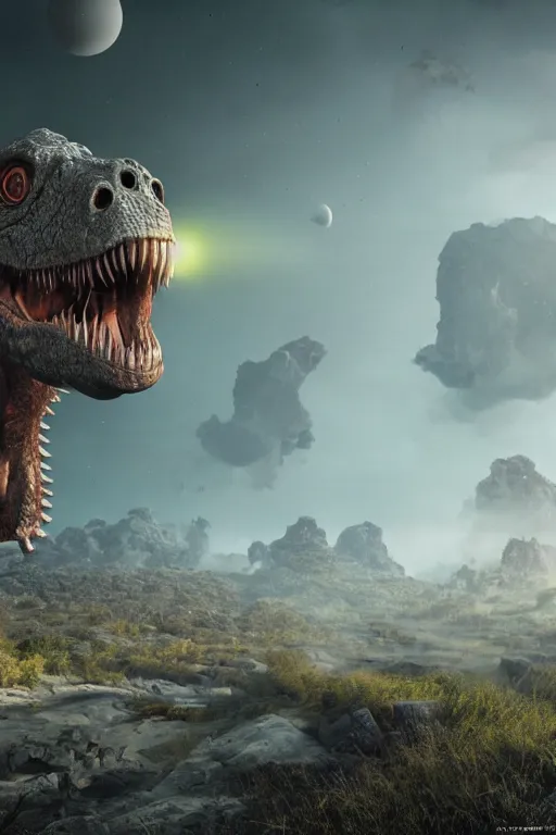 Image similar to dinosour see the asteroid before they go extinct, ultra realistic, concept art, intricate details, highly detailed, photorealistic, octane render, 8 k