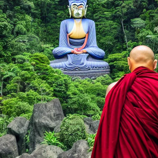 Prompt: A buddhist monk looking at a massive 200 meter tall ultraman tiga statue in the middle of a tropical jungle, digital art