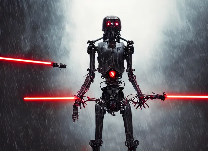 Image similar to portrait photo of general grievous with heavy duty biomechanical cybernetic body with 4 arms holding 4 activated red lightsabers in the rain. cyberpunk horror style.