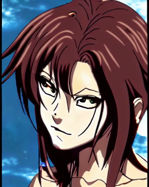 Image similar to style of madhouse anime, revy from black lagoon, on a boat, smirk on face